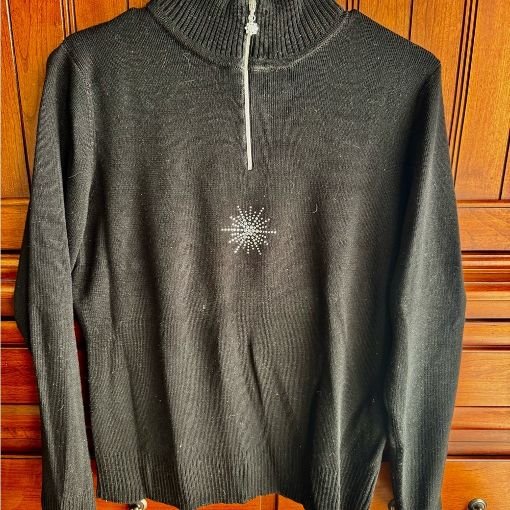 Meister Black Mock Turtleneck Sweater with Zipper & Rhinestone Detail